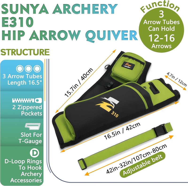 Sunya Archery Hip Quiver for Arrows. Includes 3 Tubes Arrow Holder, Accessories Pockets and Waist Belt. Fit for Compound and Recurve Bow Practice. - Image 2